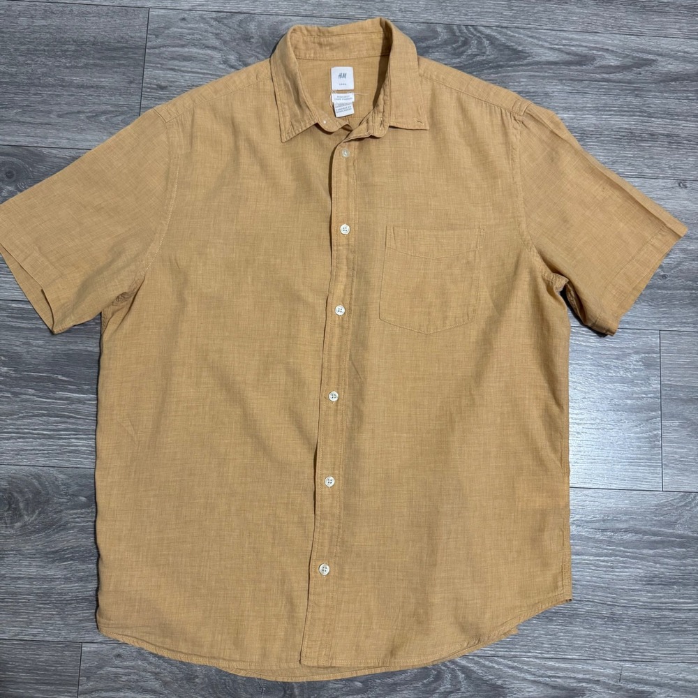 HM LOGG Mens 100% Cotton Shirt Size L Mustard Slub‎ Short Sleeve Button Down